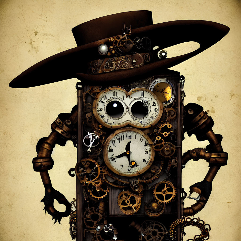 Steampunk-inspired anthropomorphic clock with multiple timepieces on face and brimmed hat on beige