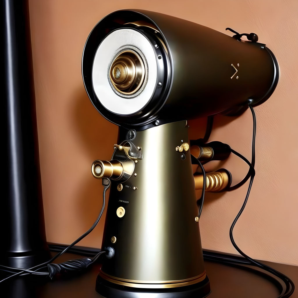 Vintage-style modern tabletop telescope with golden base on wooden surface.