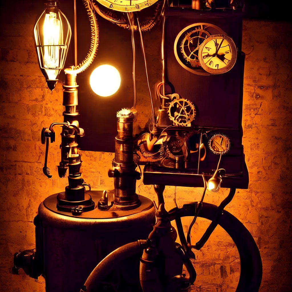 Vintage Steampunk-Style Workstation with Antique Microscope, Gears, Dials, and