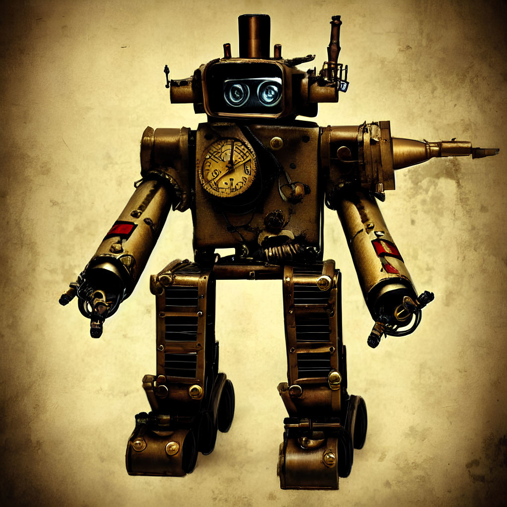 Steampunk robot with vintage camera head and mechanical arms on grungy background