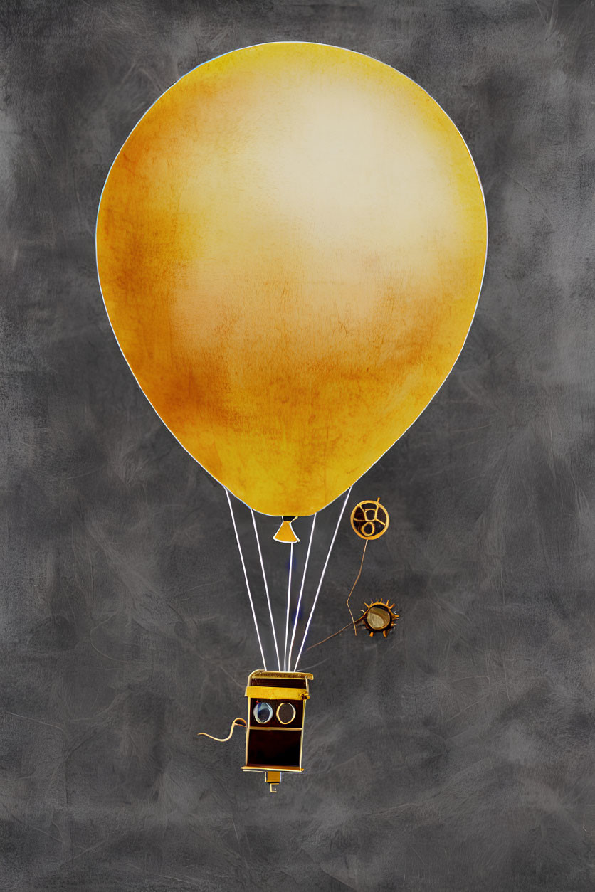 Whimsical hot air balloon with golden envelope and robot-like basket on textured gray background