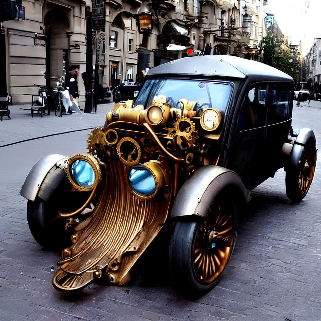 Vintage Car with Steampunk Design on Cobblestone Street