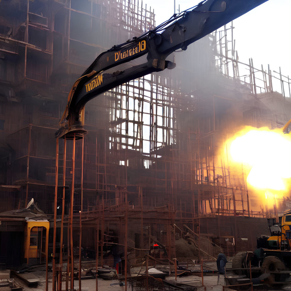 Sunset construction site with scaffolding, crane boom, and dust in warm glow