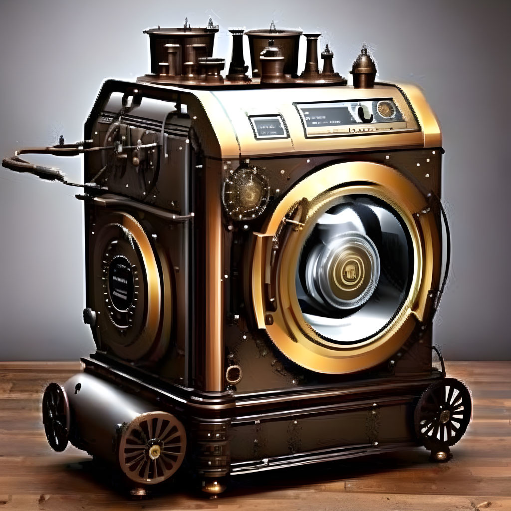 Steampunk-themed washing machine with brass accents and vintage dials