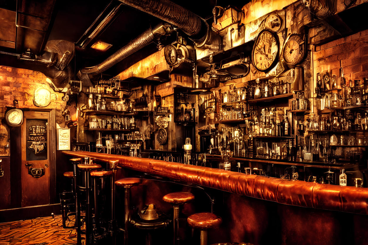 Vintage bar interior with clocks, leather stools, and stocked shelves