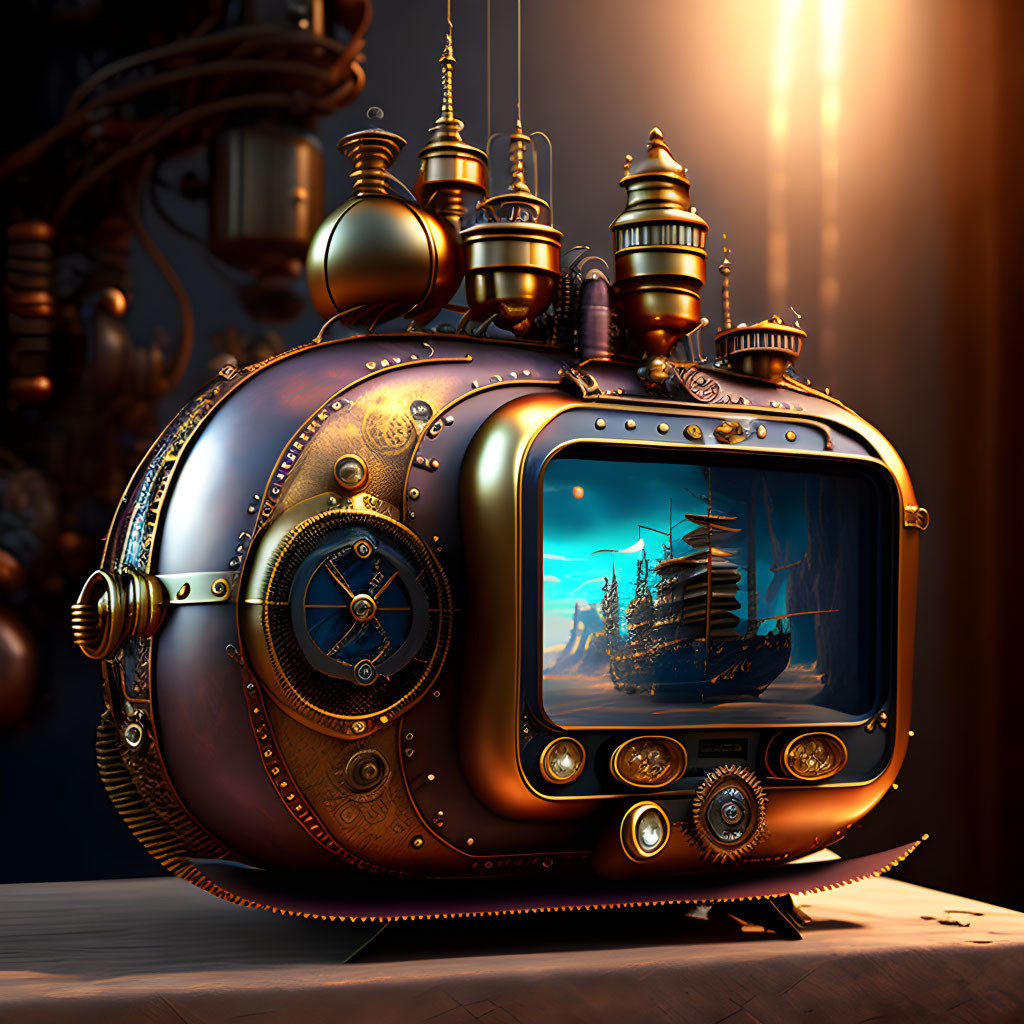 Vintage Steampunk-Style Television with Brass Accents and Sailing Ship Image