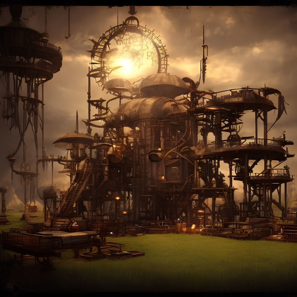 Steampunk structure with gears, pipes, and chambers in dusk scene.