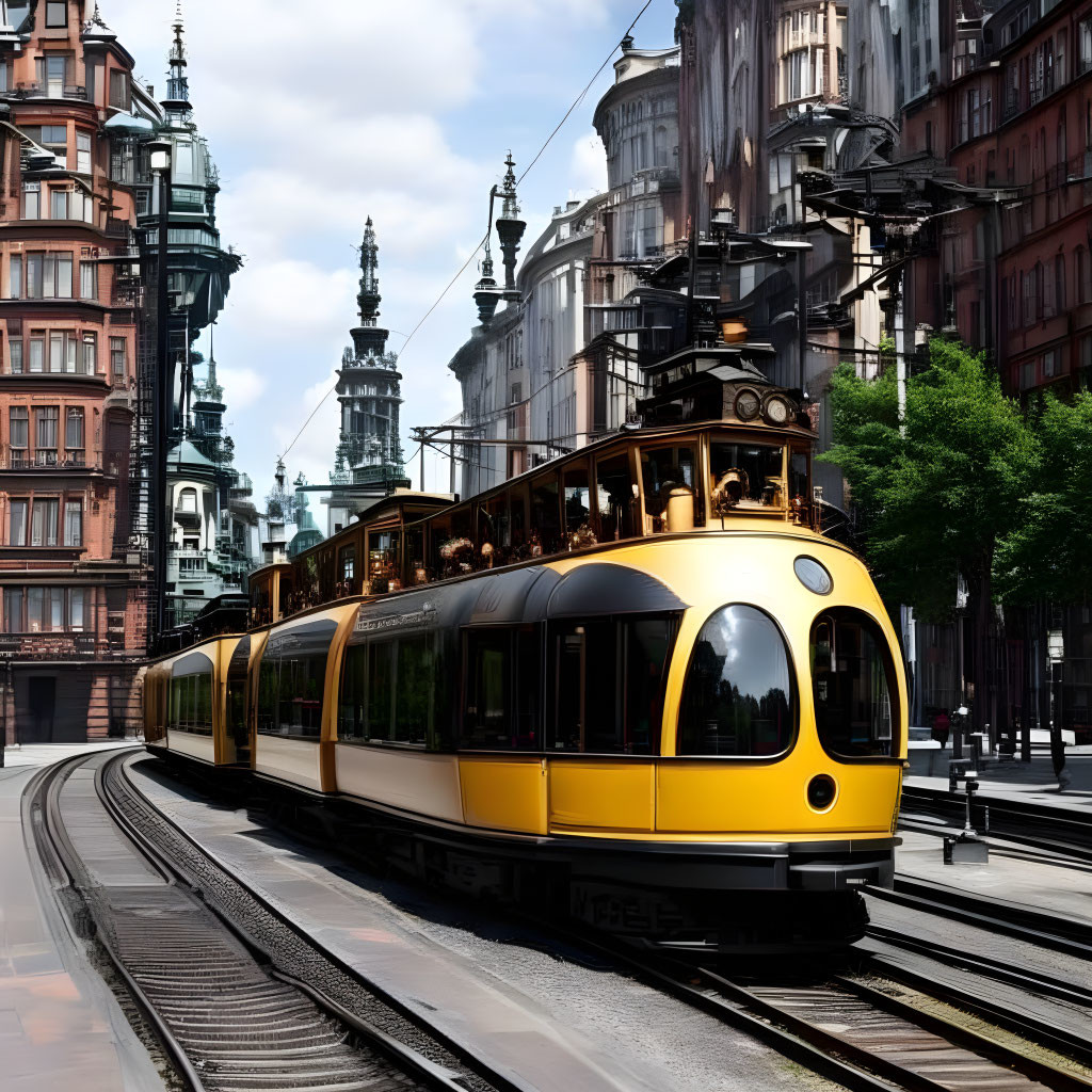 Yellow tram on city tracks among European-style buildings under clear sky