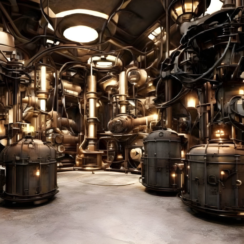Steampunk-inspired Interior with Bronze Pipes and Spherical Chambers