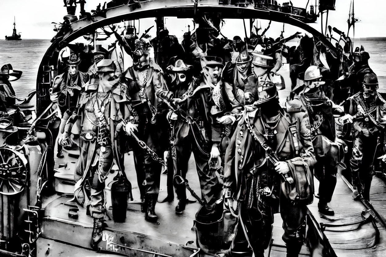 Black and White Photo of Pirate-Themed Costumes on Ship