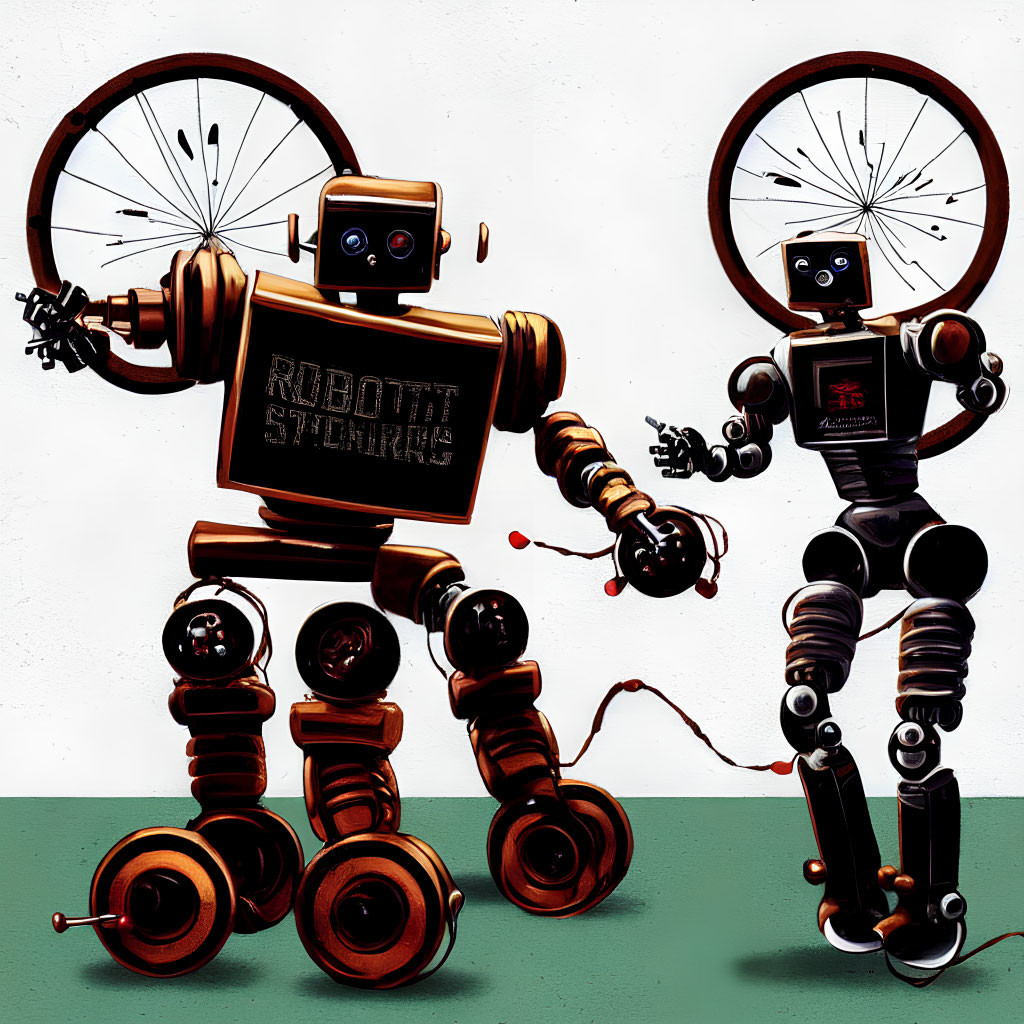Whimsical bike part robots on light background with "Robot Street" sign