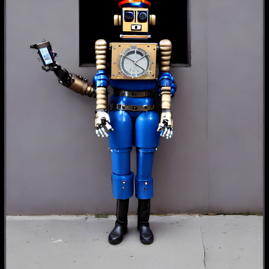 Retro humanoid robot with smartphone against grey wall