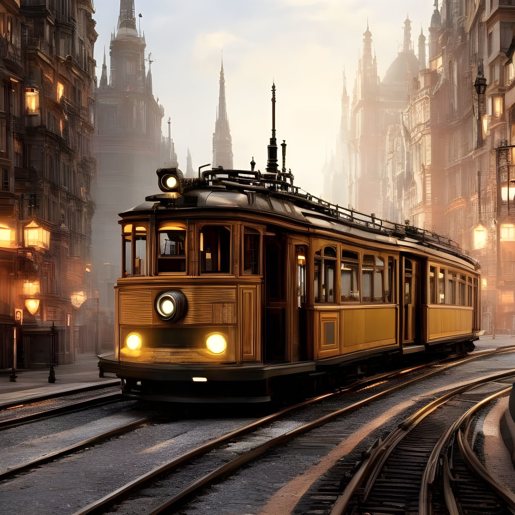 Historic city scene: vintage tram, twilight, glowing street lights