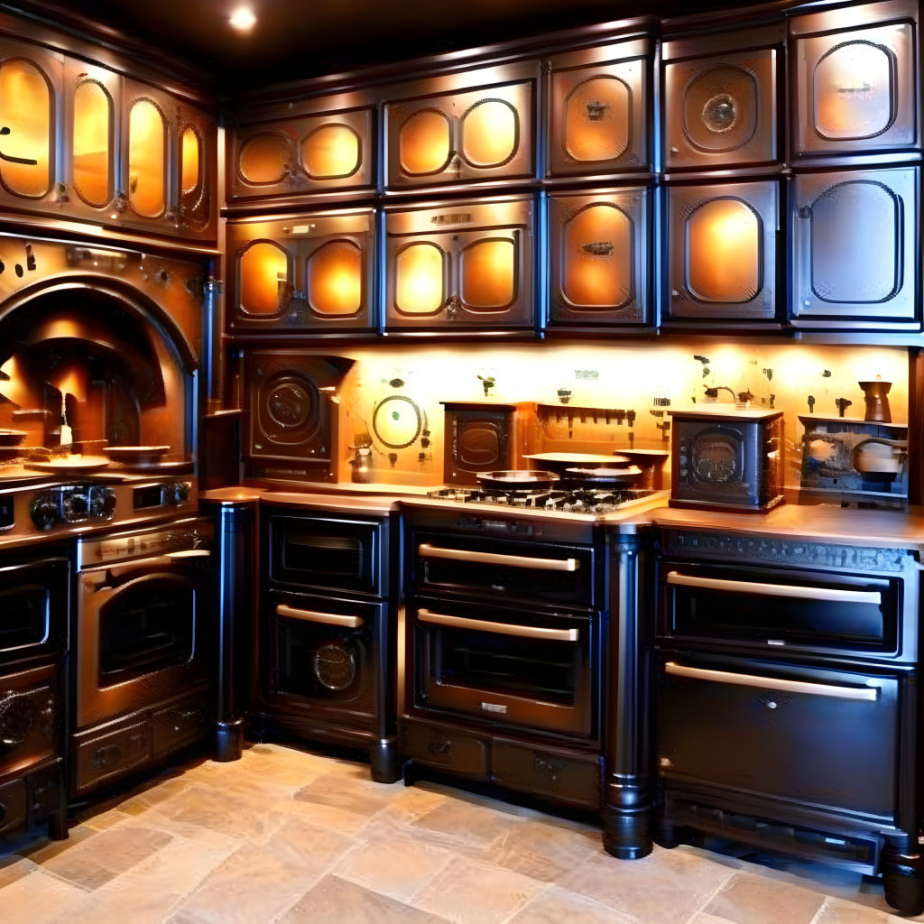 Luxurious Kitchen with Dark Wood Cabinets and High-End Black Appliances
