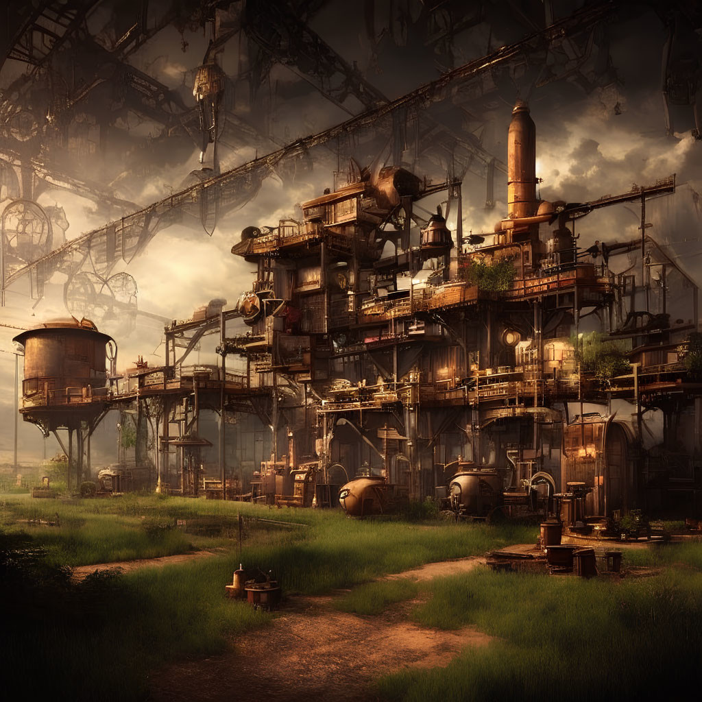 Dystopian industrial landscape with rusted structures and pipelines