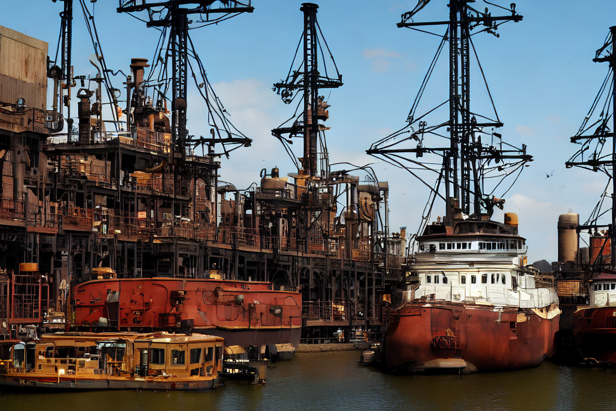 Rusted ships and old cranes in industrial harbor landscape
