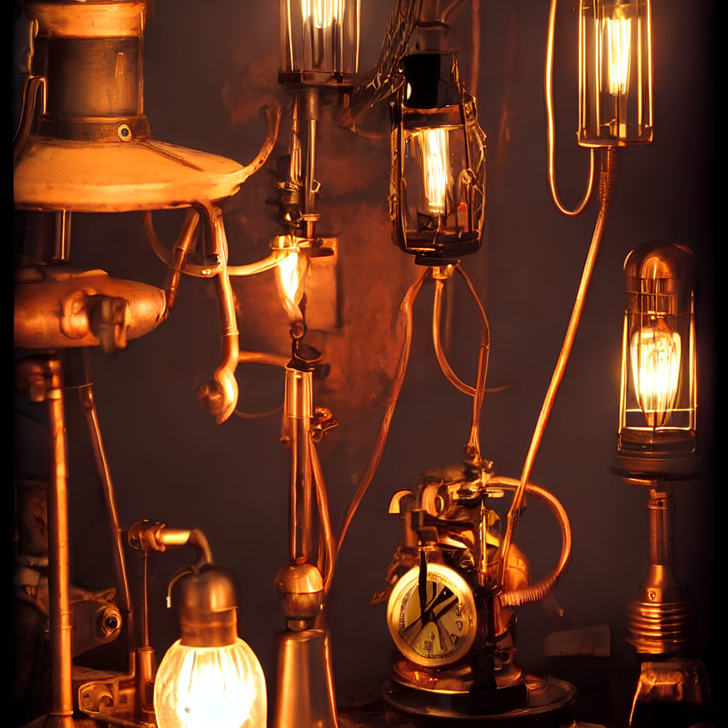 Antique Brass and Metal Fixtures with Vintage Bulbs and Oil Lamps