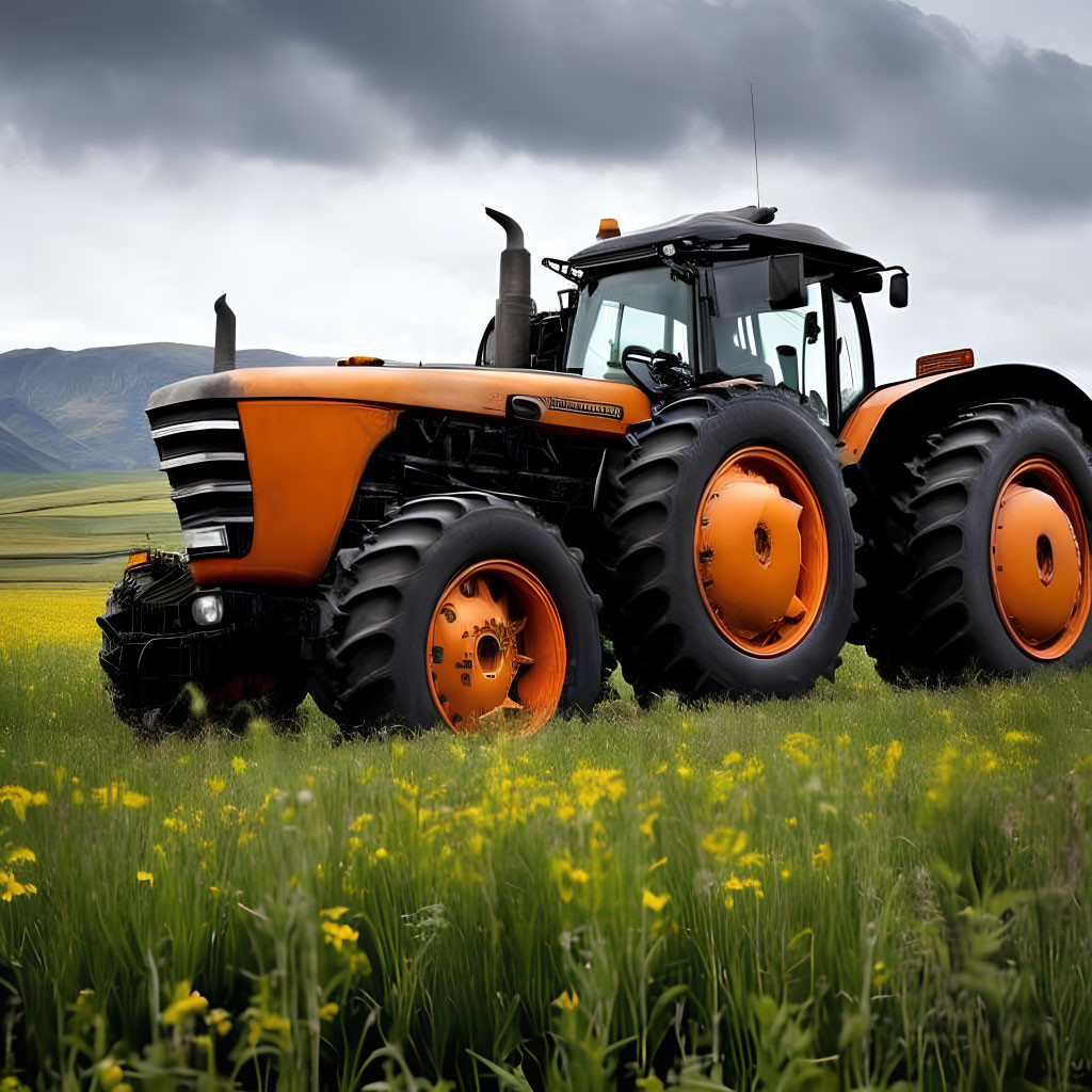 Orange tractor parked in green field with yellow flowers, hills, and cloudy sky