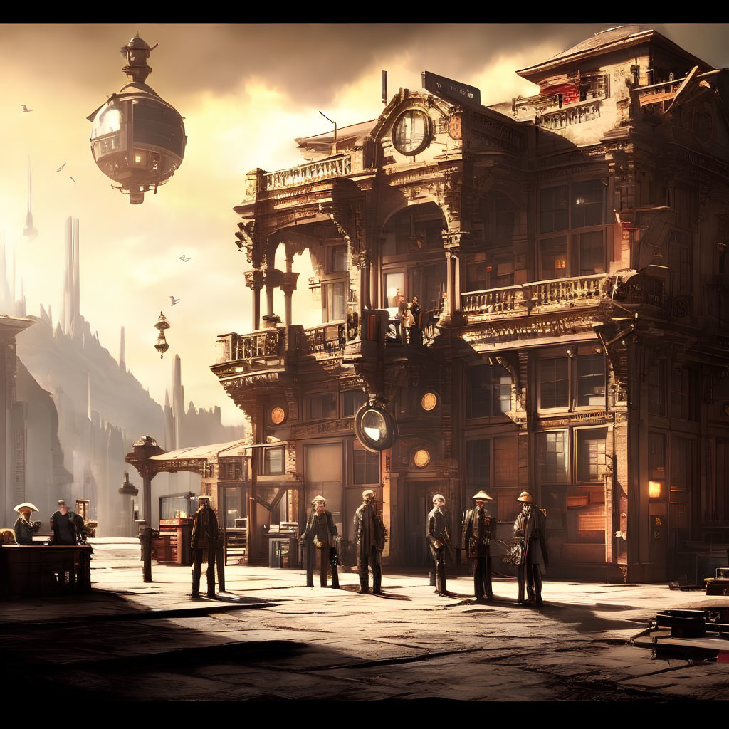 Steampunk cityscape with Victorian-era buildings, airships, and figures in a sunlit square