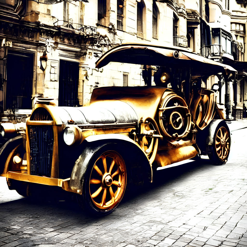 Steampunk-themed vintage car on cobblestone street with brass accents