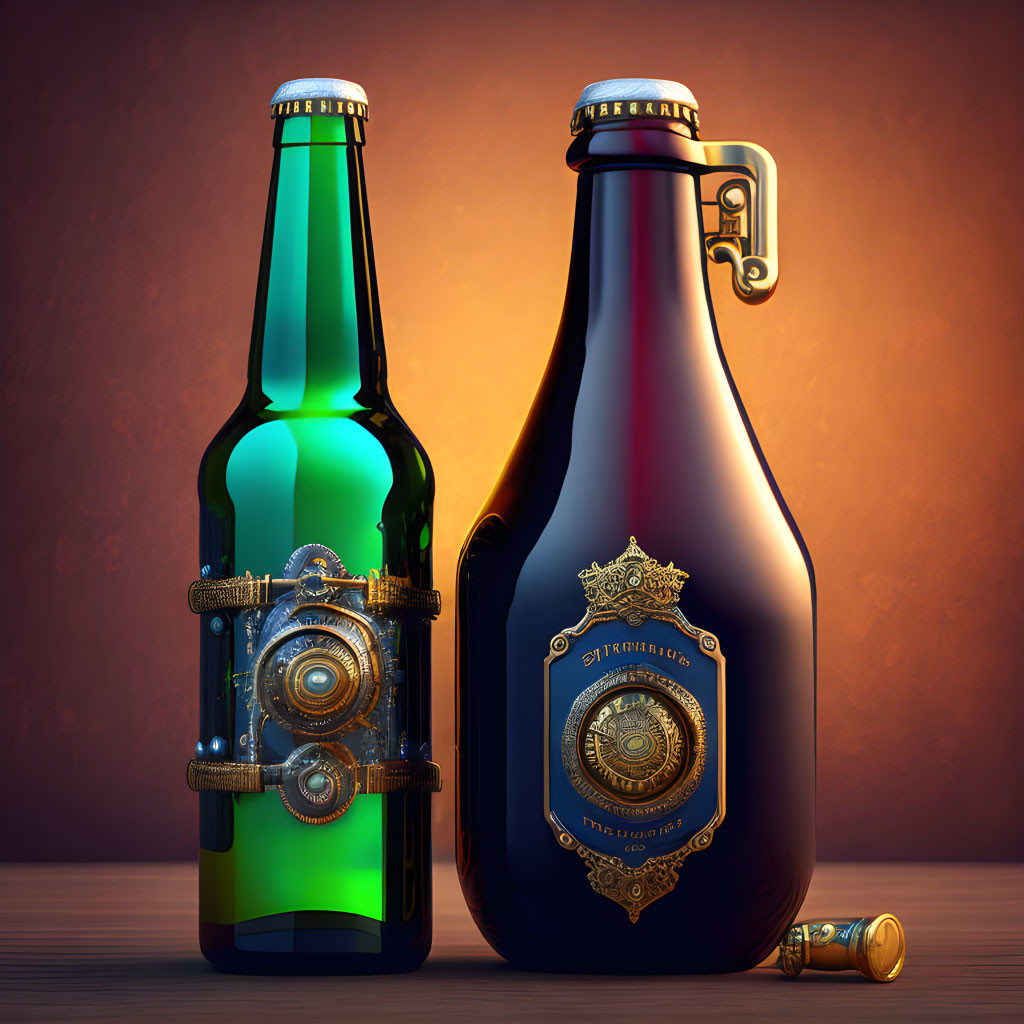 Steampunk-themed beer bottles with ornate metal labels and mechanical accents