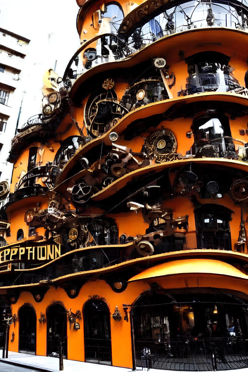 Orange Facade Steampunk Decor in Multi-Storied Building