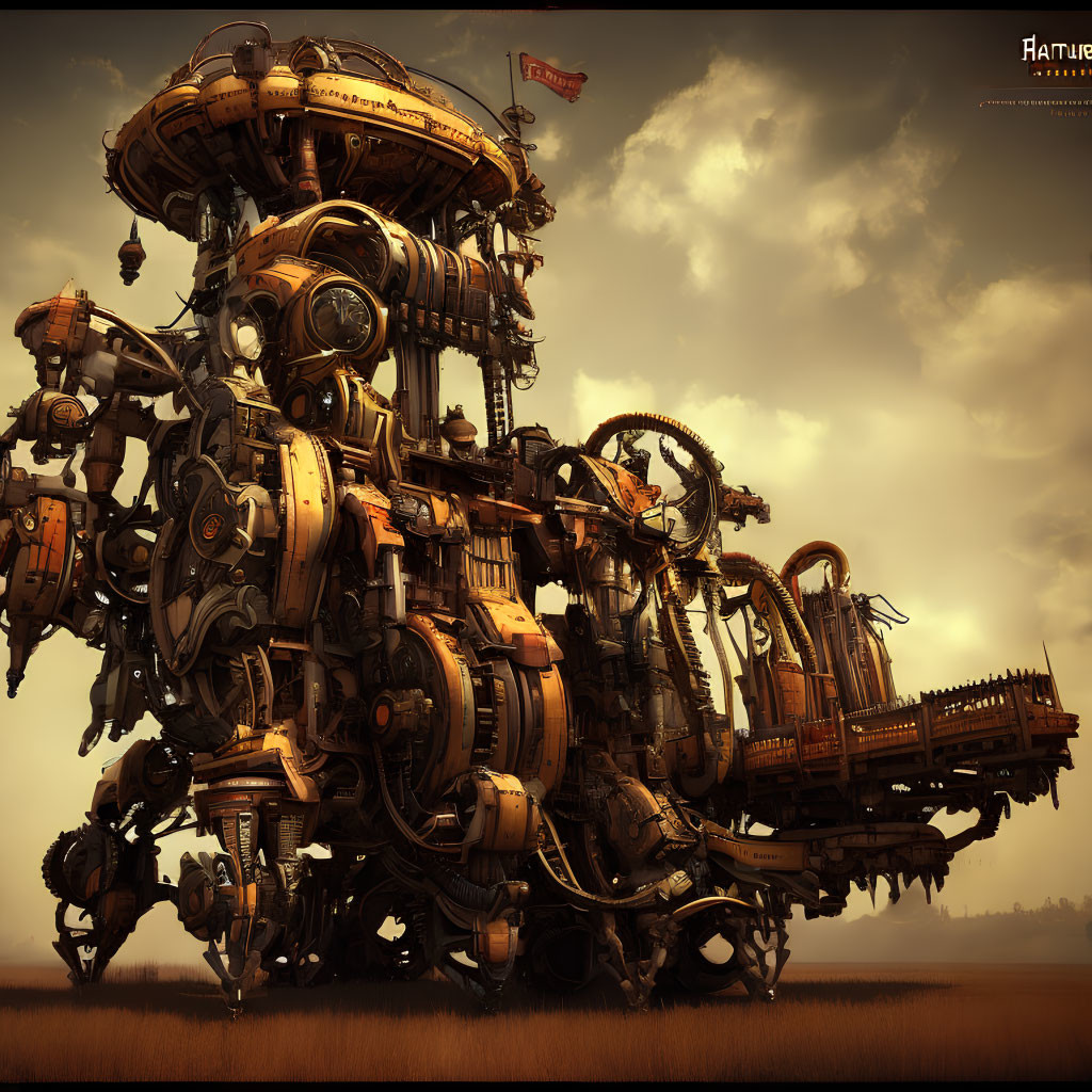 Intricate Steampunk-Style Machine Against Dusky Sky