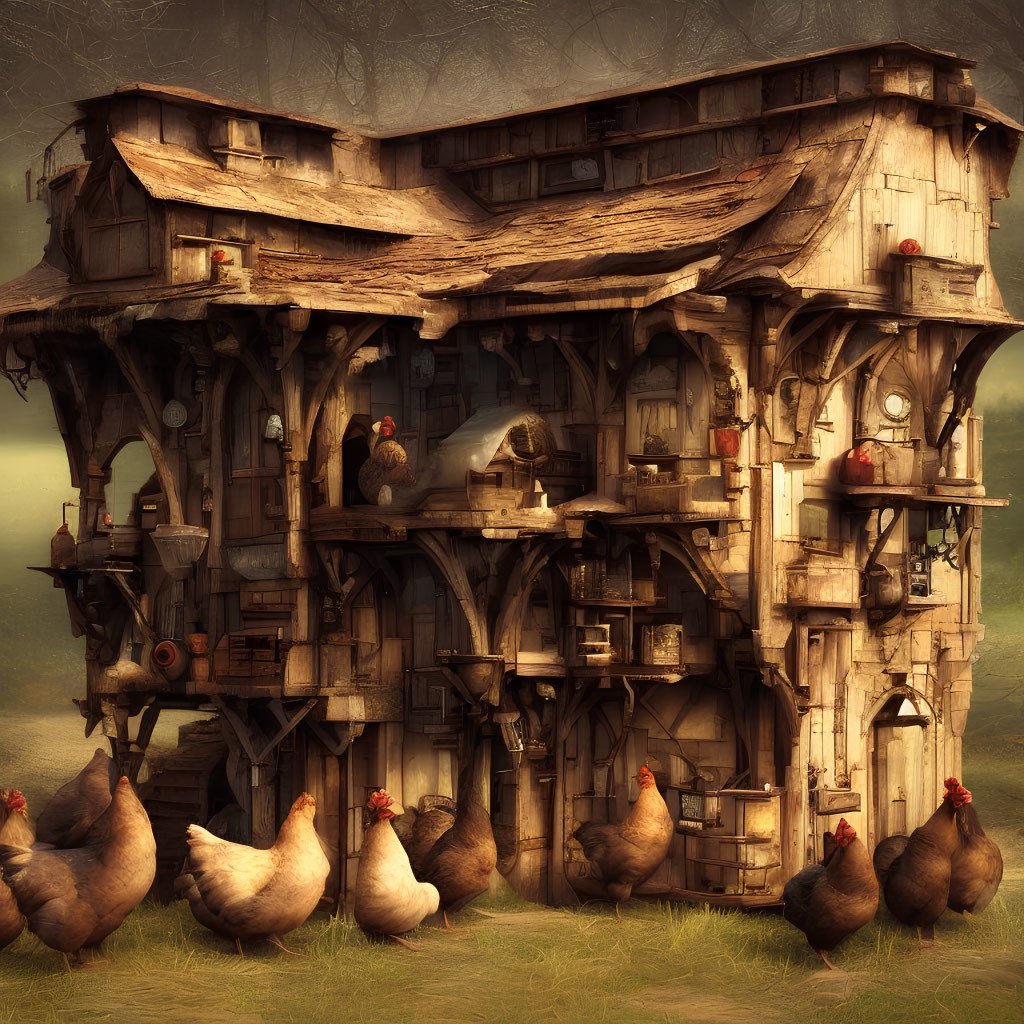 Multi-level wooden chicken coop with ladders and chickens in misty setting