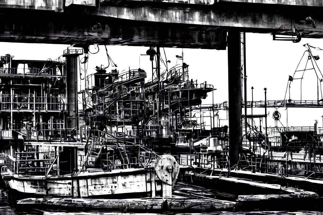 Grayscale image of cluttered industrial dock with fishing boats and machinery under cloudy sky