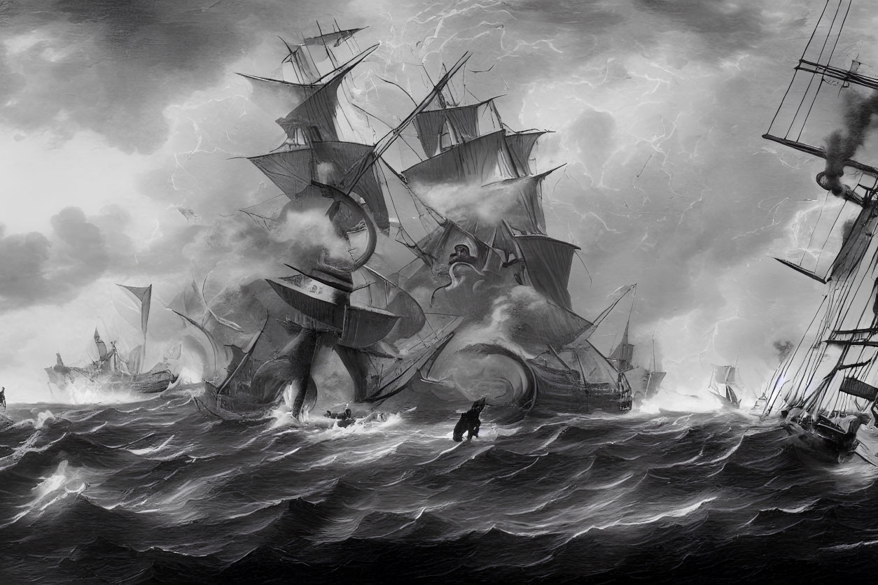 Monochromatic painting of stormy sea with sailing ships and lightning