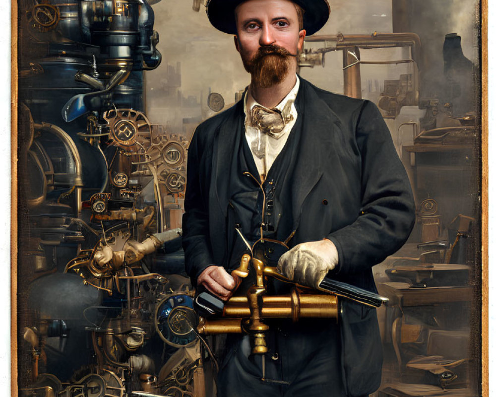 Steampunk man with brass gadget in industrial setting