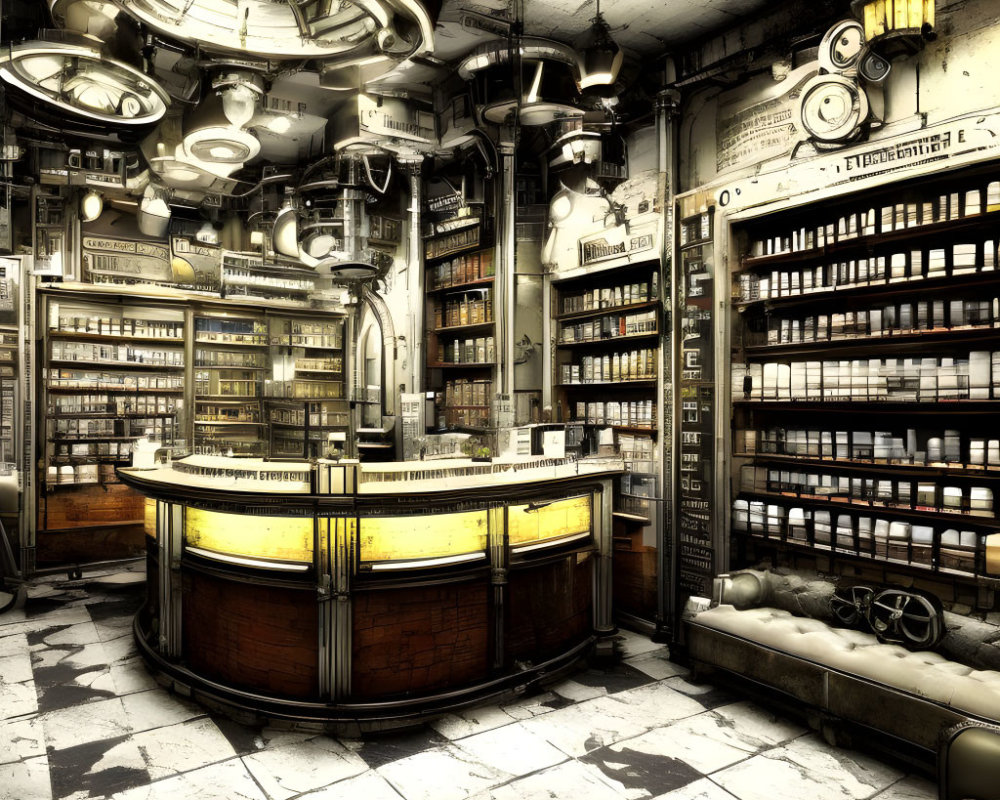 Vintage Pharmacy Interior with Wooden Shelves, Central Counter, and Lighting Fixtures