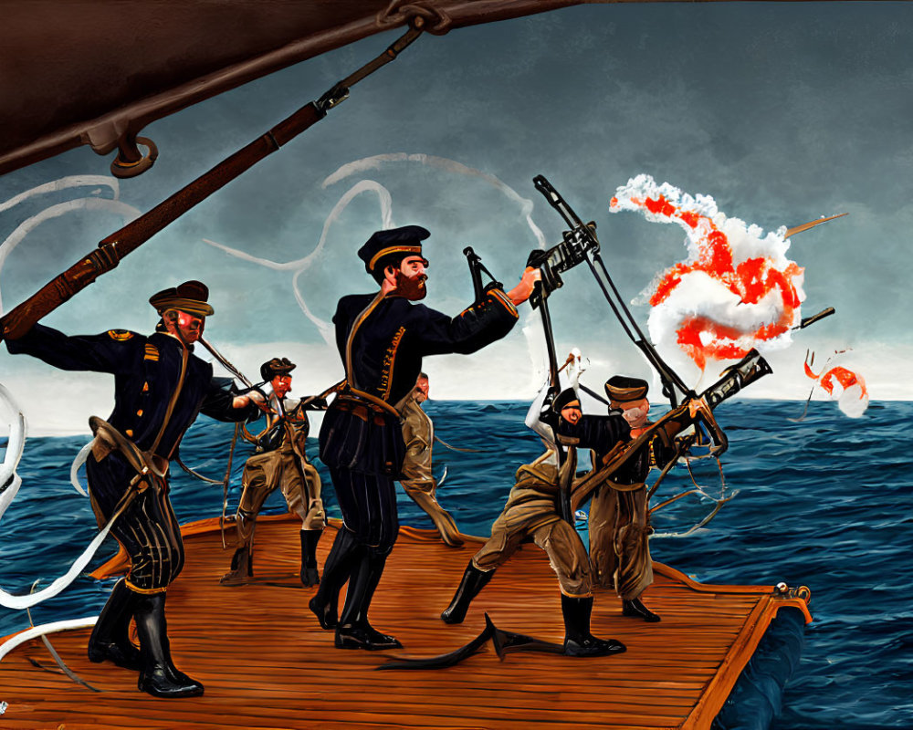 Naval officers and sailors firing guns at sea with gunsmoke against stormy sky