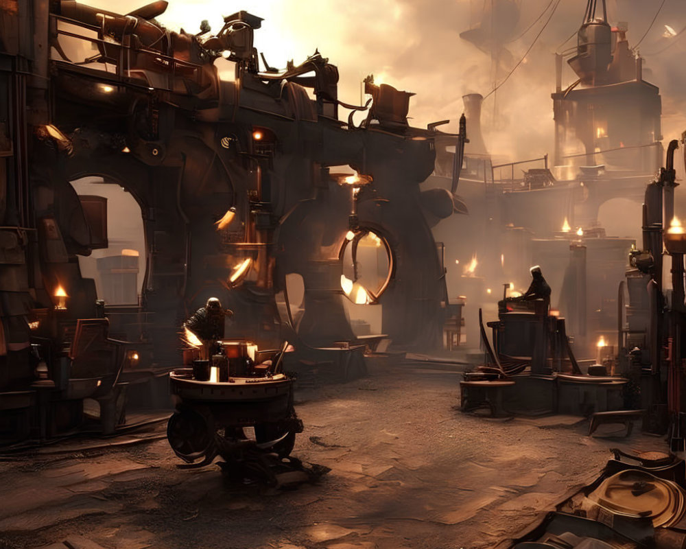 Dimly Lit Steampunk Workshop with Machinery and Fog