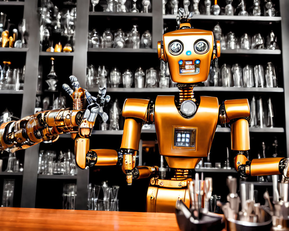 Friendly-faced robot bartender with articulated arms behind a bar with glass shelves