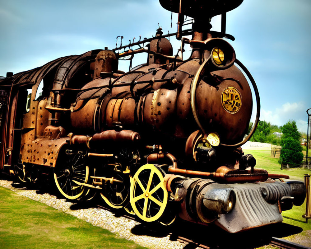 Vintage Steam Locomotive with Brown Patina and Yellow Wheels on Tracks