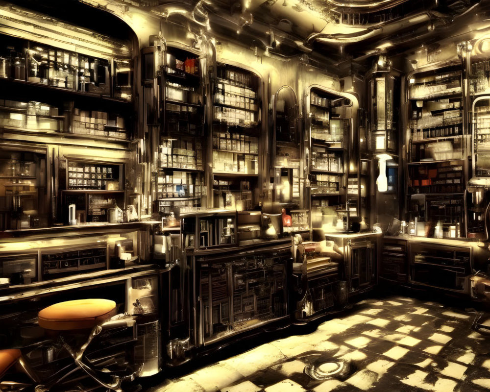 Ornate futuristic library with glowing screens and checkerboard floor