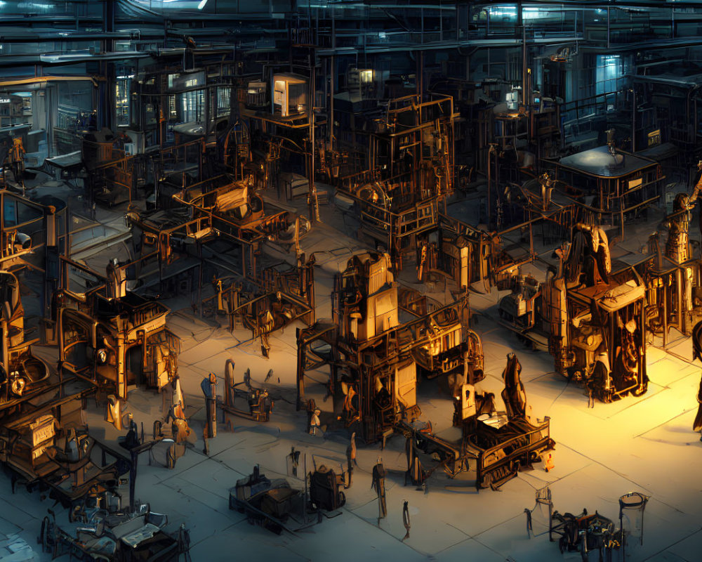 Industrial factory floor with workers and machines under warm lighting