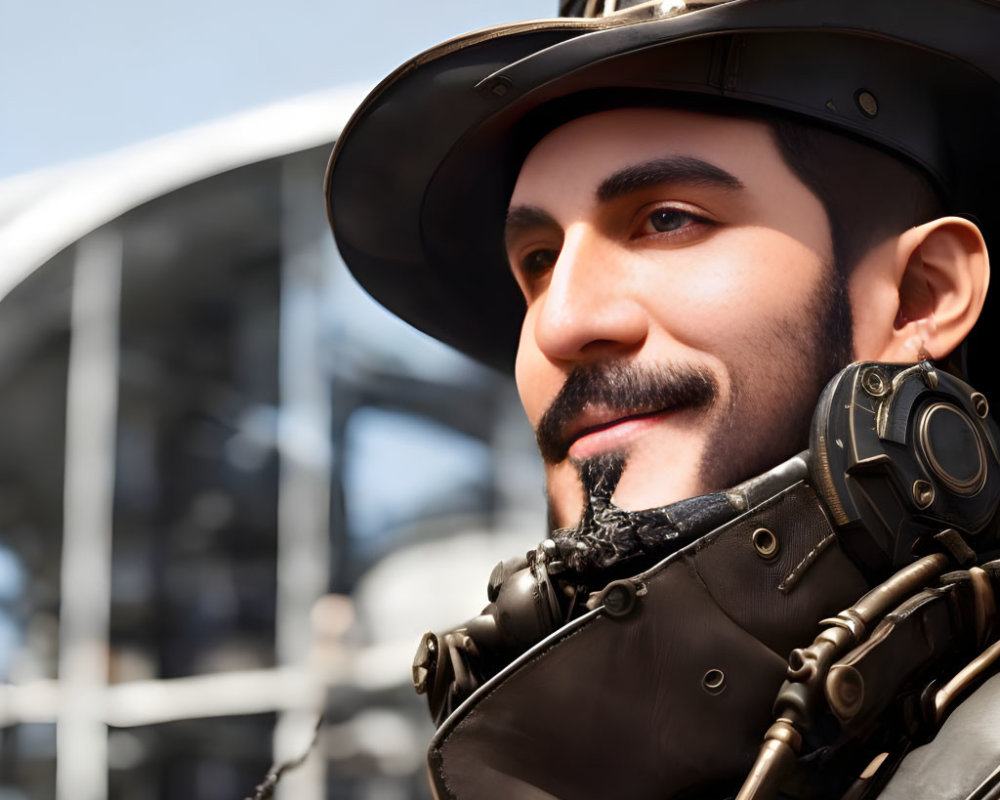 Close-up of man with mustache in cowboy hat & black leather outfit with metal details.