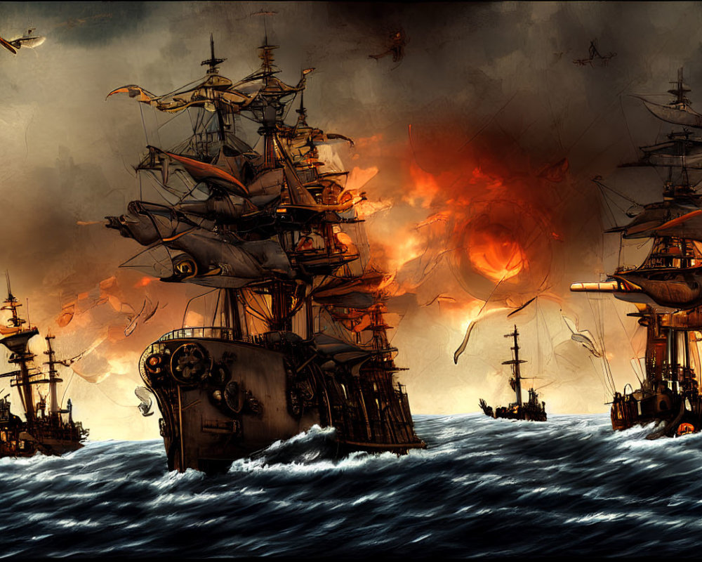 Naval battle scene with sailing ships, one ablaze, amid cannon fire, under gloomy sky