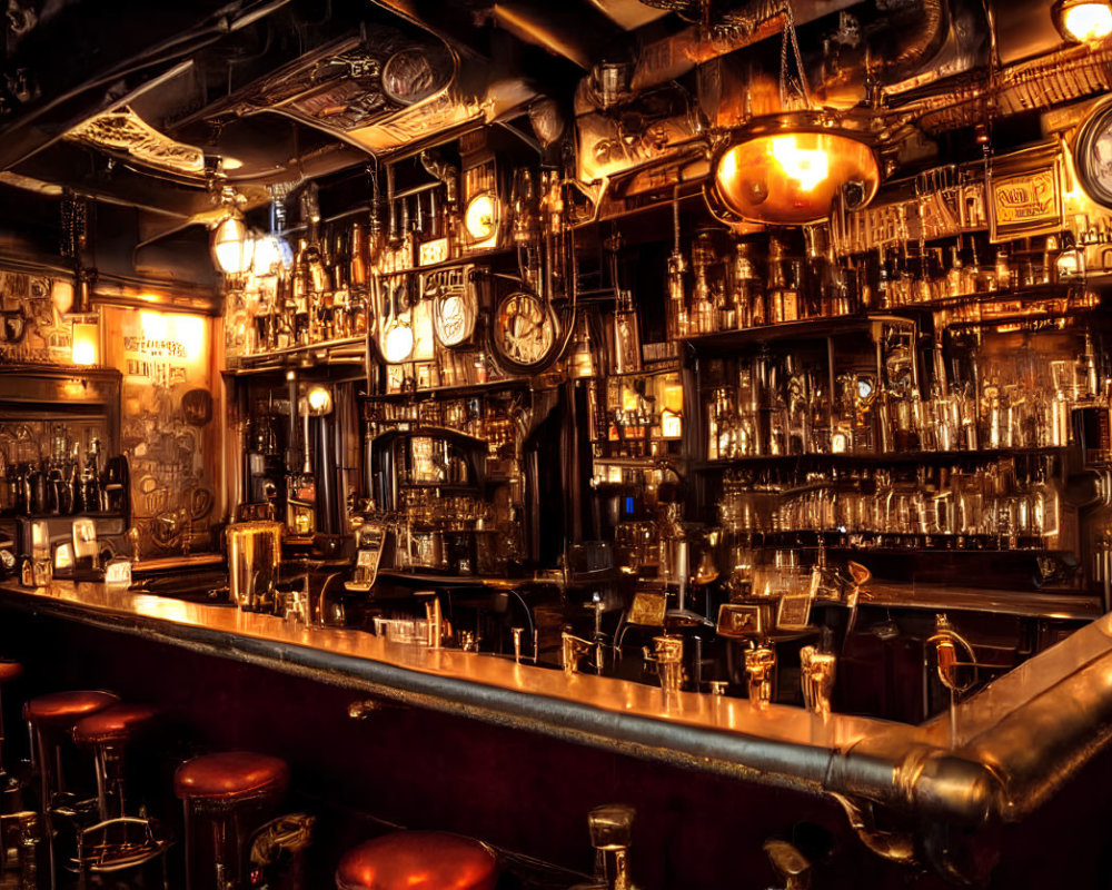 Vintage bar with wooden stools, shelves of bottles, antique clocks, warm lighting.