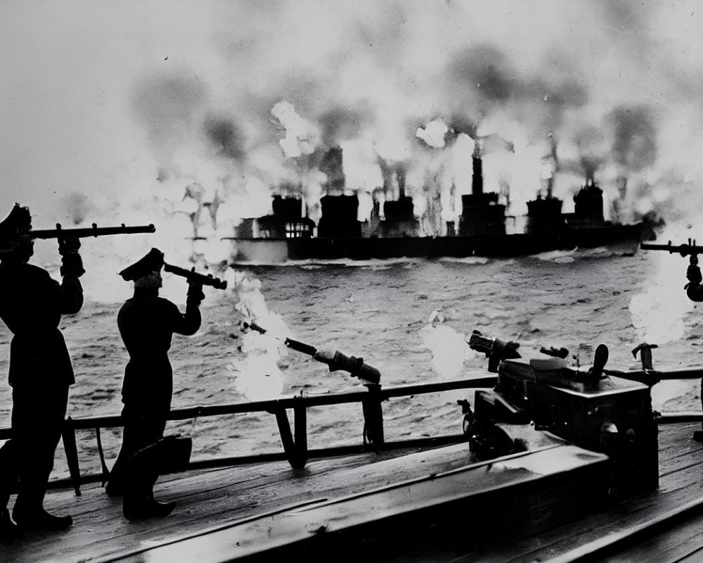Navy sailors firing salute on ship deck with smoking flotilla
