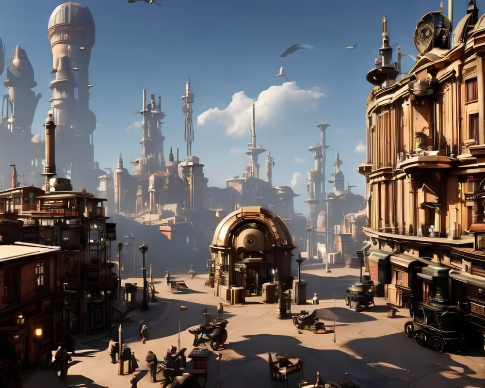 Ornate futuristic cityscape with advanced structures, bustling streets, and clear blue sky