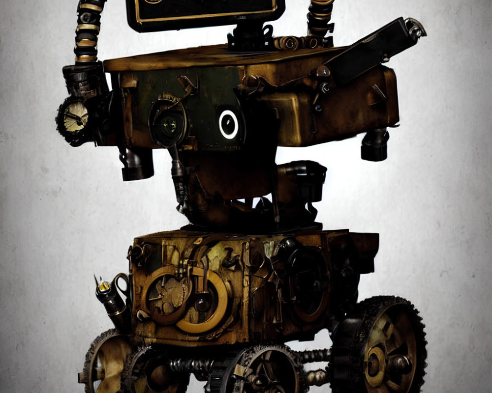 Steampunk-style robot with vintage aesthetic and dark color palette on four wheels