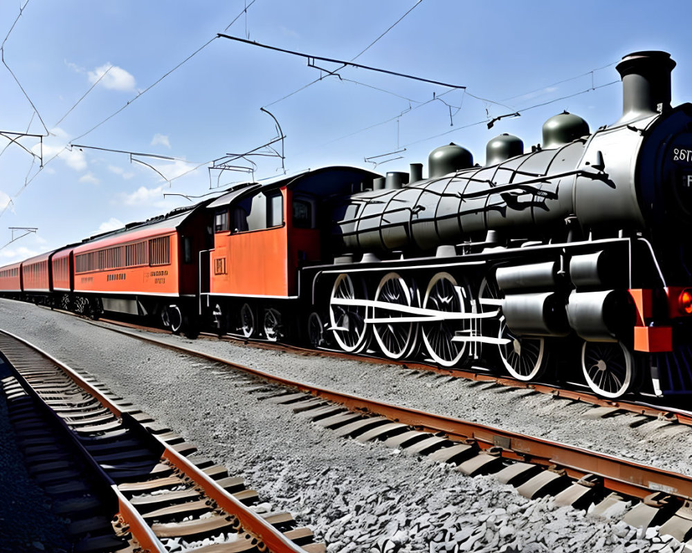Vintage Black Steam Locomotive and Red Coaches on Tracks in Clear Blue Sky