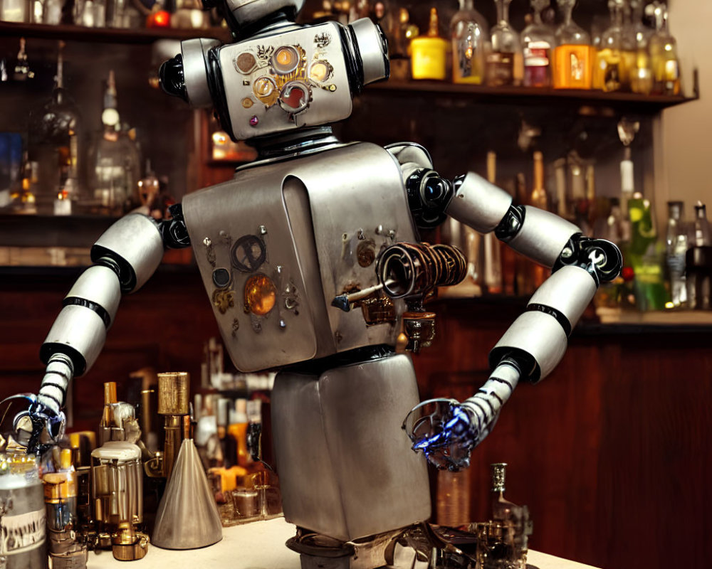 Vintage Robot Bartender Mixing Drink in Bar Setting