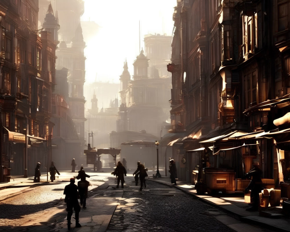 City street with old buildings and pedestrians in warm sunlight