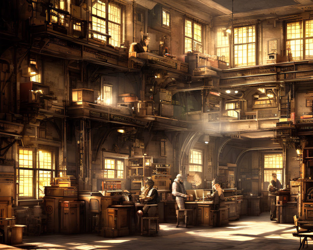 Detailed Steampunk Workshop Scene with Multiple Individuals Working