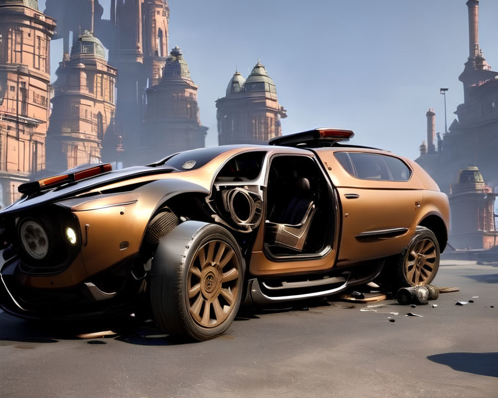 Abandoned luxurious golden car with flat tires in deserted cityscape