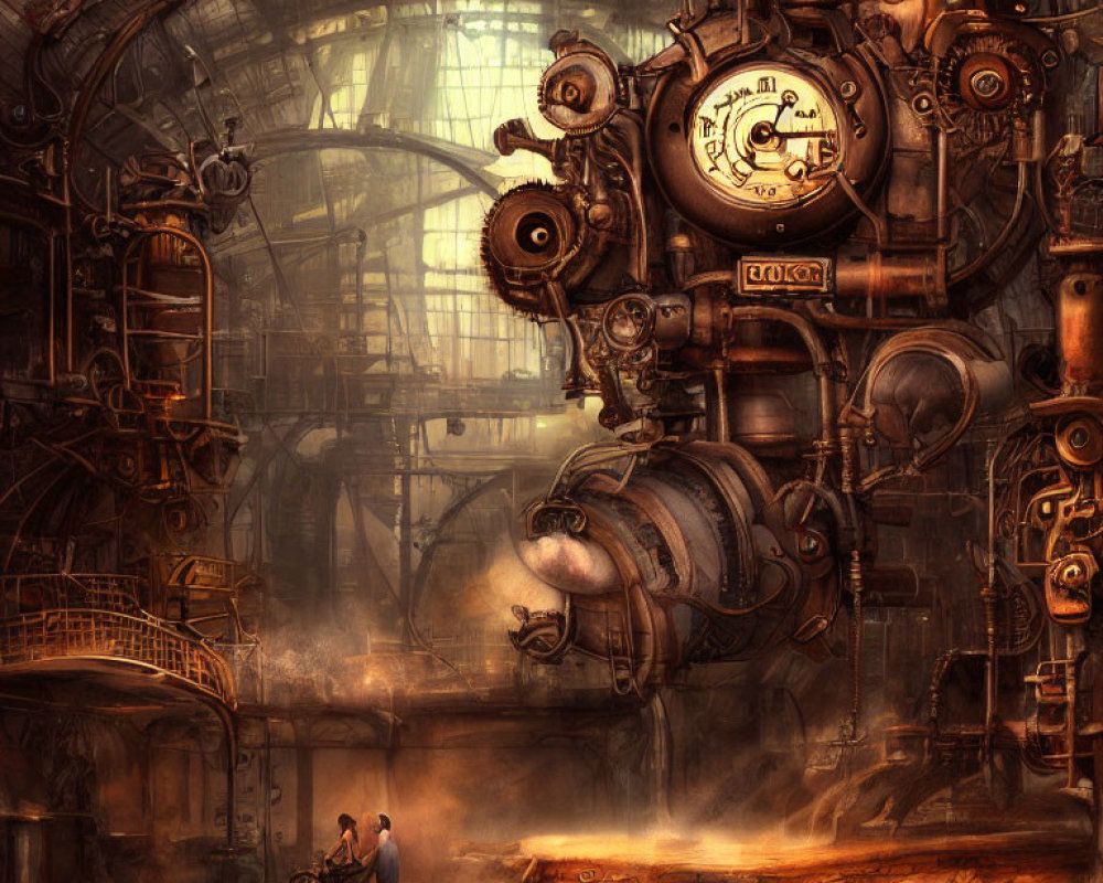 Detailed Steampunk Machinery Scene with Two Figures in Industrial Interior